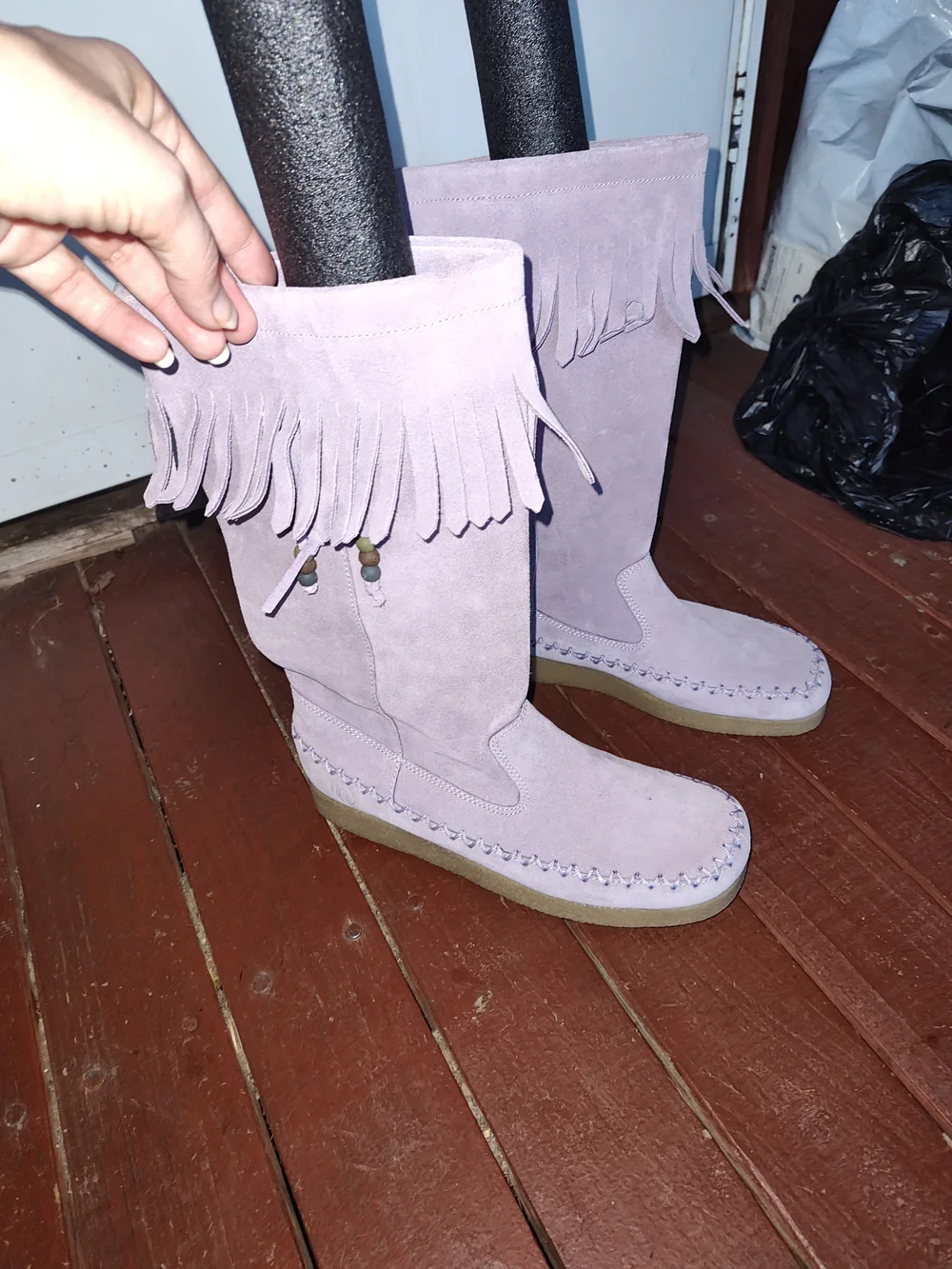 Lavender Purple Fringe Suede Mid-Calf Boots With Bead Accents